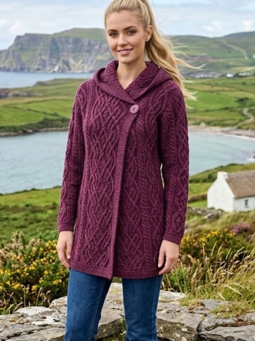 Aran Ireland Plaited 100% Merino Wool Sweater with Hood in Wine - Size Small